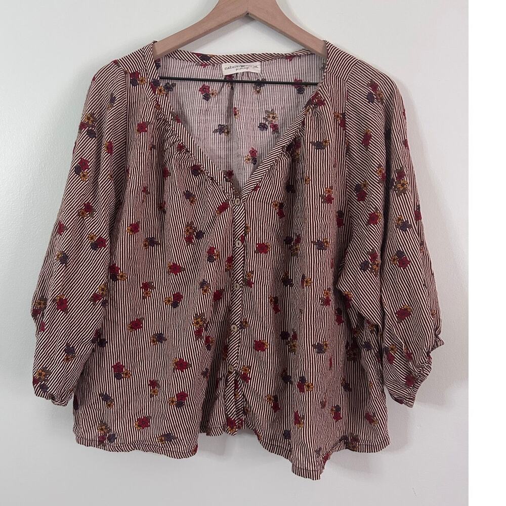Natural Life Brown Ditsy Floral Striped Peasant Blouse Boho Top XL Earthy